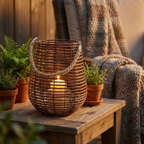 Artikel Weidenholz-Windlicht mit Glas, Ø24 cm, H34 cm, Braun/Natur