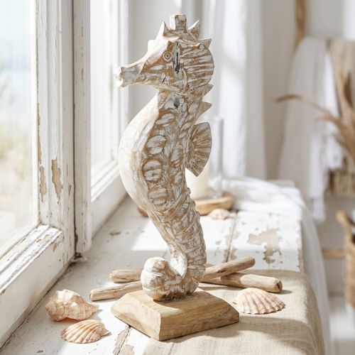 Seepferdchen Dekofigur Holz Natur Weiss H38cm | Floristik24.ch