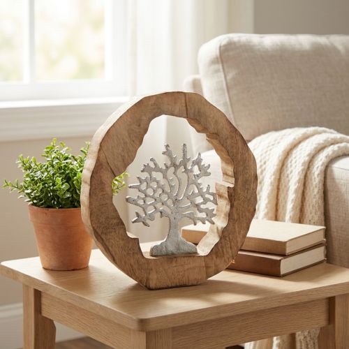 Deko-Skulptur Baum Mangoholz Aluminium Natur Silber