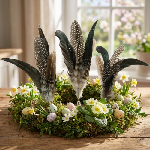 Artikel Federbusch mit echten Vogelfedern auf Metallfeder 25cm Natur mit Klebepunkt – 5 Stück