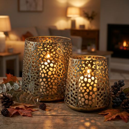Windlicht Laterne aus Metall Ø14/20,5cm H14,5/19,5cm Golden, 2er-Set | Floristik24.ch