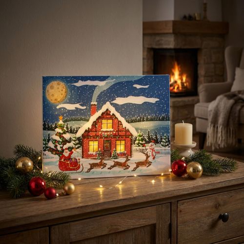 Artikel LED Wandbild Weihnachten mit Weihnachtsmann und Schneemann 38x28cm bunt
