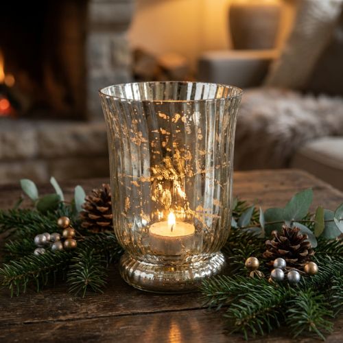 Windlicht Glas Teelichthalter mit Wellenmuster Ø14,5cm H20cm Silber-Gold | Floristik24.ch