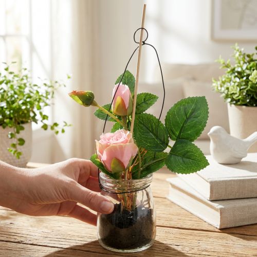 Rosenarrangement im Glas 23cm Rosa – künstlich | Floristik24.ch