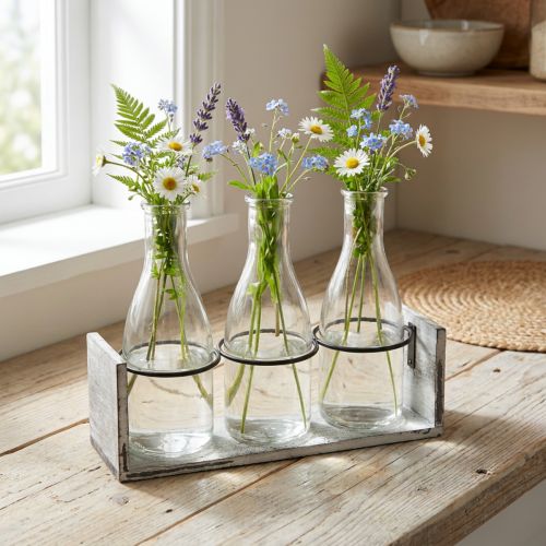 Artikel Flaschenset aus Glas im Holzträger, Grau-Weiss, 24x8x20 cm, für Dekoration