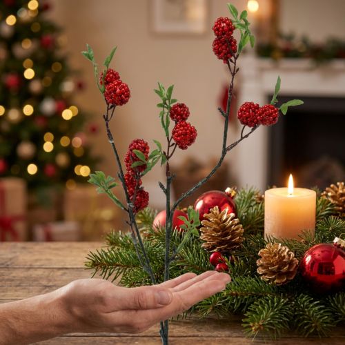 Künstlicher Weihnachtszweig mit Maulbeeren 63 cm Dunkelrot | Floristik24.ch