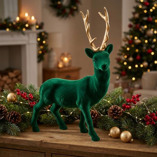 Dekofigur Hirsch aus Kunststoff, 40 cm, Grün und Gold | Floristik24.ch