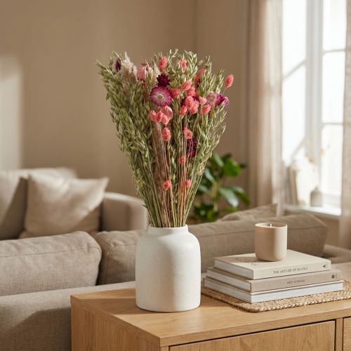 Artikel Trockenblumenstrauss mit Strohblumen, Getreide und Mohnkapseln in Rosa-Pink, 55cm