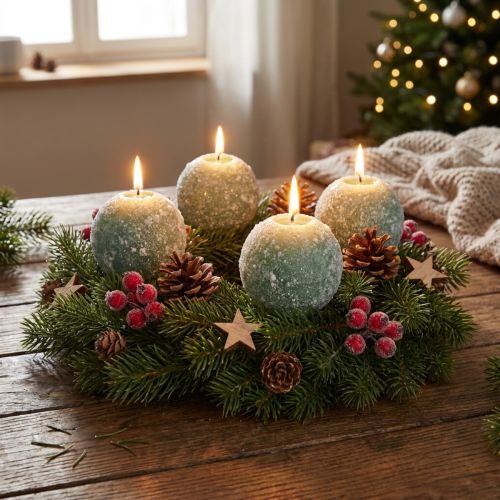 Artikel Set aus 4 Kugelkerzen Grün 8cm mit Glitter im Schneeball-Design für Weihnachts- und Adventsdekoration