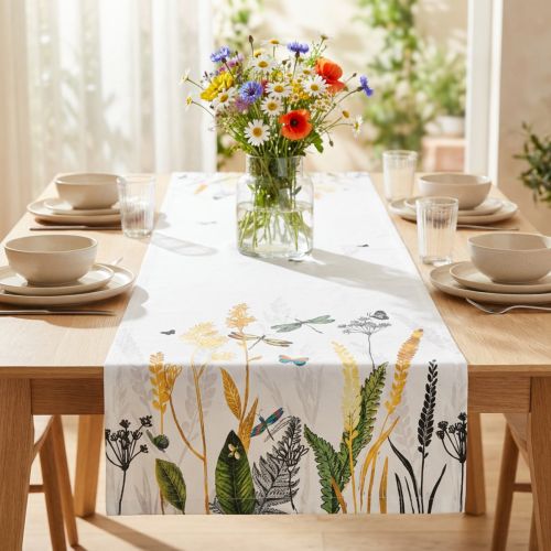 Artikel Tischläufer Baumwolle Sommerwiese Libellen Schmetterlinge 40x150cm Weiss