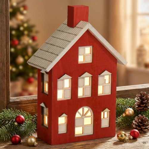 Artikel Holzhaus Deko-Lichthaus Rot-Weiss H19,5 cm Batteriebetrieb