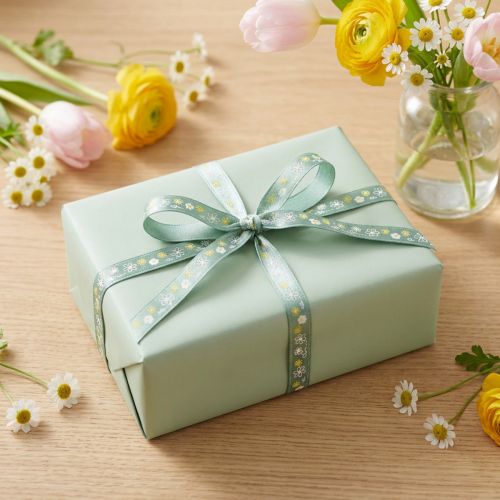 Artikel Geschenkband Polyester Dekoband mit Blumen Grün Gelb Weiss 10mm x 15m