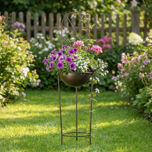 Artikel Dekorativer Vogelbadständer aus Metall mit Blumenschale, Rankhilfe, Bronzeoptik, 75 cm hoch