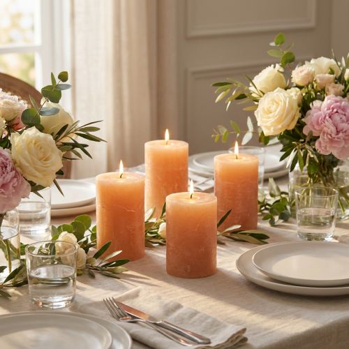 Artikel Durchgefärbte Stumpenkerzen aus Wachs Orange Peach 70×80mm 4er-Set für Dekoration