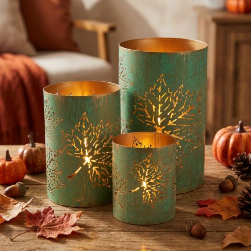 Teelichthalter Metall mit Herbstlaub-Motiv Ø8/10/13cm Gold-Türkis Set 3 Stk | Floristik24.ch