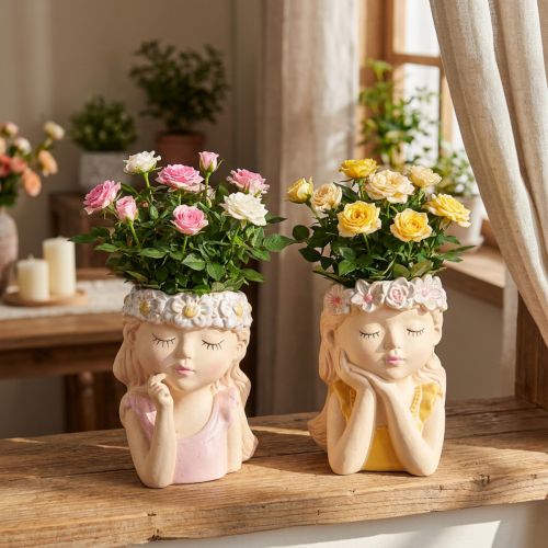 Keramikübertopf Träumendes Mädchen 2er-Set H19,5cm Rosa und Beige | Floristik24.ch