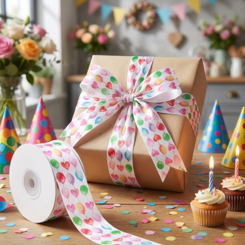 Artikel Geschenkband aus Polyester mit buntem Ballonmotiv 40mm breit 15m