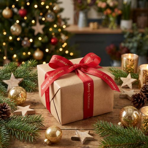 Artikel Rotes Weihnachtsband aus Satin mit goldener "Merry Christmas"-Schriftzug, 25mm x 20m