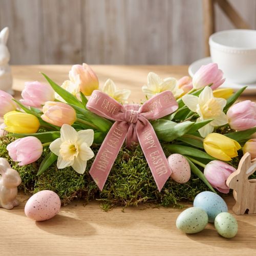 Artikel Samtband Dekoband Happy Easter Rosa 15mm x 5m mit Goldprägung