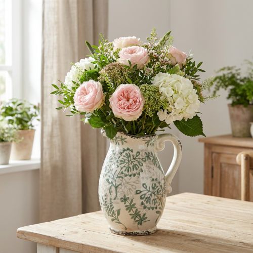 Artikel Keramik Krug im Landhausstil, 22 cm, Weiss mit grünem Blumenmuster, für Wohnraumdekoration