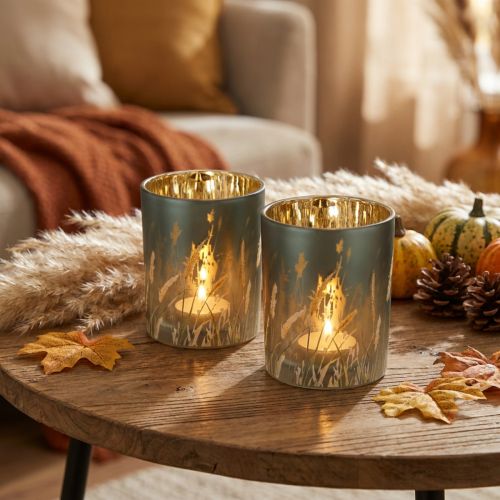 Set mit 2 Windlichtern aus Glas, 12,5 cm, Gräsermotiv, Blau-Gold, für Wohn-, Tisch- und Geschenkdekoration | Floristik24.ch