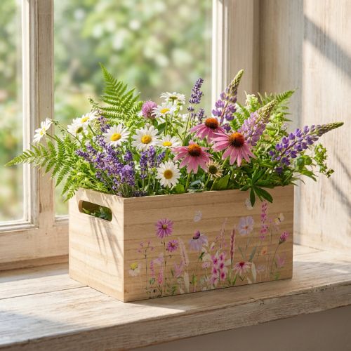 Holzbox Naturholz 30x18cm mit Blumenmotiv