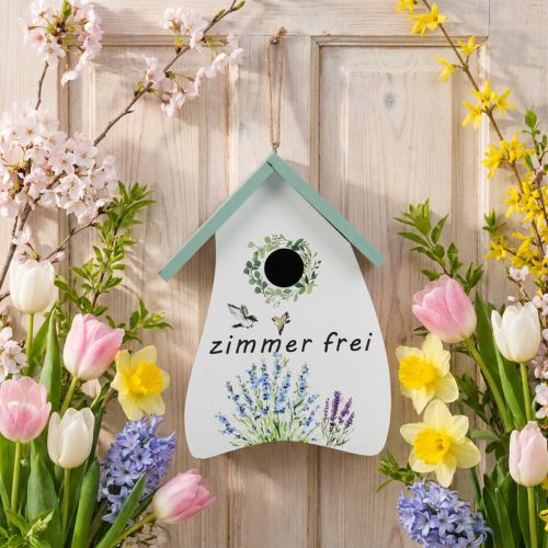 Artikel Hängedeko Vogelhaus Holz Weiss 23cm mit Lavendelmuster und Aufhängung