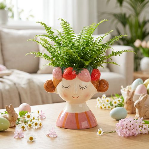 Keramik-Blumentopf Mädchen mit Erdbeer-Motiv 13 cm Rosa | Floristik24.ch