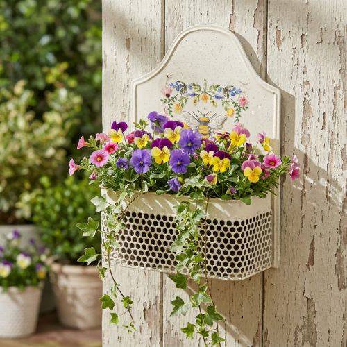 Artikel Blumenkasten aus Metall mit Bienen-Motiv, cremefarben, zum Hängen, 29cm