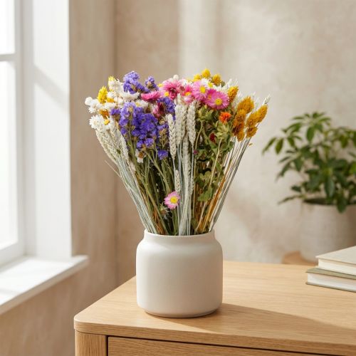 Artikel Trockenblumenstrauss aus Strohblumen, Strandflieder, Phalaris und Getreide, 55 cm, Bunte Naturfarben