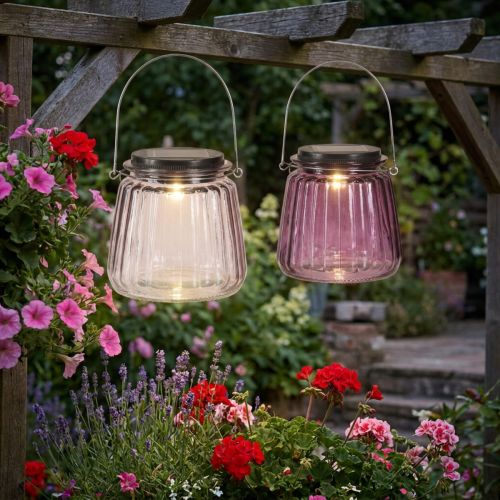 Artikel LED Gartenleuchten Glas Solar zum Hängen Lila Ø 10,5 cm 2er-Set