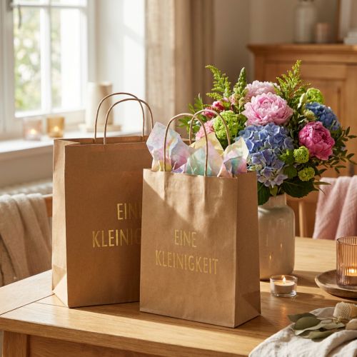 Artikel Geschenktüten aus Kraftpapier mit goldener Prägung „Eine Kleinigkeit“ 20×11×25cm Natur 6 Stück