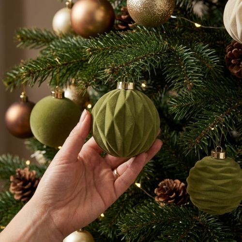 Artikel Christbaumkugeln aus Kunststoff in Moosgrün, 8 cm, Samtoptik, Struktur-Mix, Set mit 12 Stück