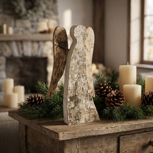 Artikel Engelfigur aus Holz mit Birkenrinde 30 cm Natur für Innenbereich