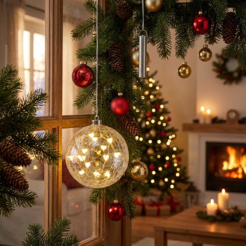 Artikel LED Weihnachtskugel aus Glas mit Lichterkette und Herzen Ø 15 cm