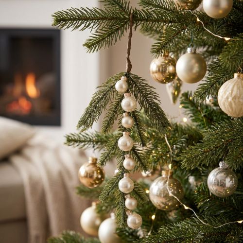 Artikel Künstlicher Tannenzweig mit weissen Mini-Christbaumkugeln, 46 cm, 2 Stück für Weihnachtsdekoration