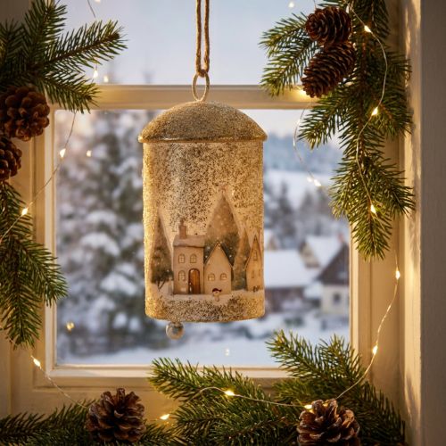 Artikel Weisse und goldene Metallglocke mit Winterdorf-Motiv 20 cm