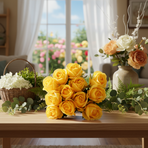 Artikel Künstliche gelbe Rosen 62 cm Kunstblumen mit langem Stiel 12er-Set