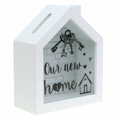 Floristik24 Sparbox "Our New Home" Holz Glas Weiß 15x7cm H18cm