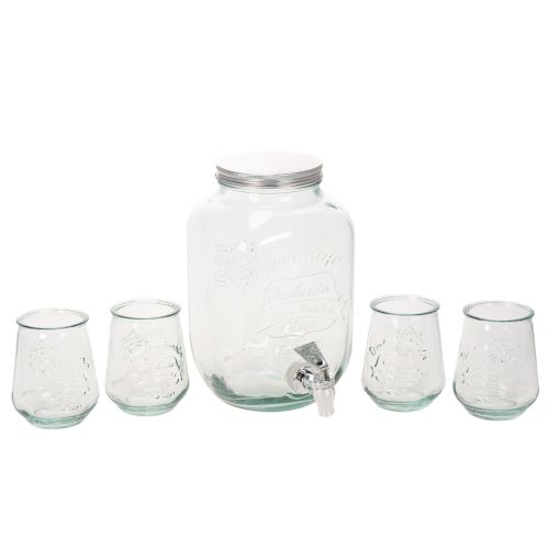 Getränkespender-Set aus Recyclingglas mit 4 Trinkgläsern, H25,5cm, grünblau