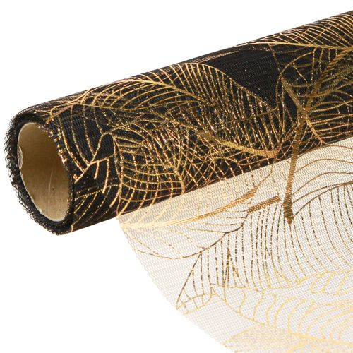 Floristik24 Organza Tischläufer Schwarz-Gold – Elegante Dekostoff-Rolle mit Blättermuster 48 x 450cm