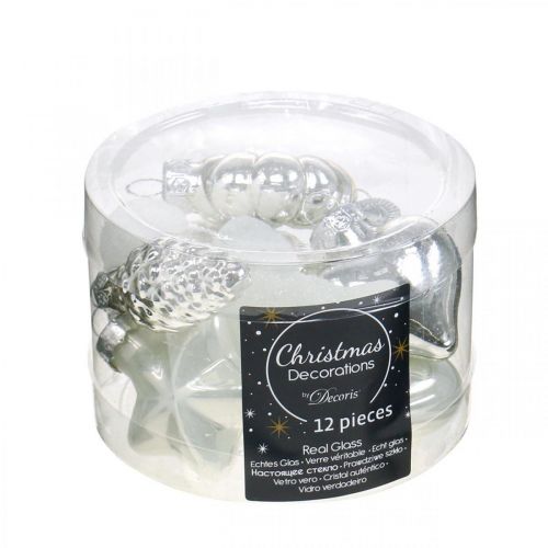 Floristik24 Mini Christbaumschmuck Mix Glas Weiß, Silber sortiert 4cm 12St
