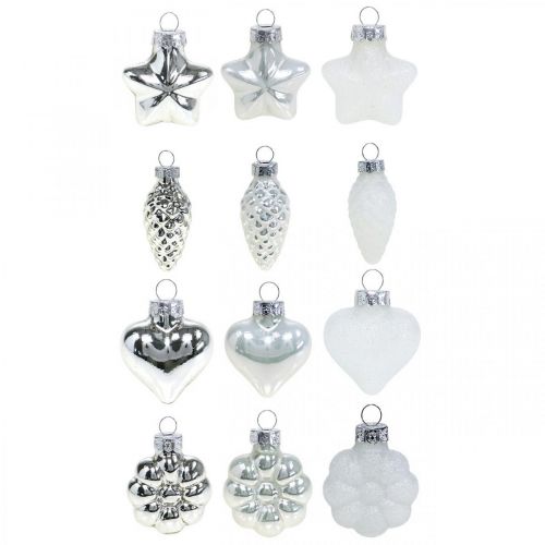 Floristik24 Mini Christbaumschmuck Mix Glas Weiß, Silber sortiert 4cm 12St