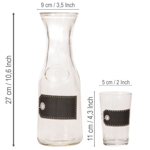 Glaskaraffe H 27 cm mit 4 Gläsern H 11 cm, transparent schwarz | Floristik24.ch