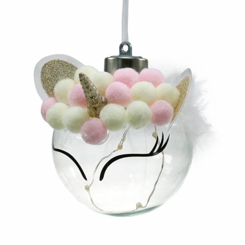 Christbaumkugel Einhorn mit LED-Lichterkette Bonbonfarben, Transparent Glas, Pompom Ø8cm Für Batterien