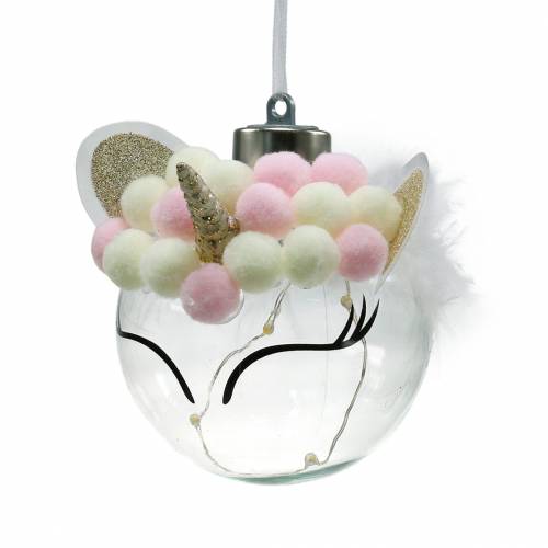 Floristik24 Christbaumkugel Einhorn mit LED-Lichterkette Bonbonfarben, Transparent Glas, Pompom Ø8cm Für Batterien