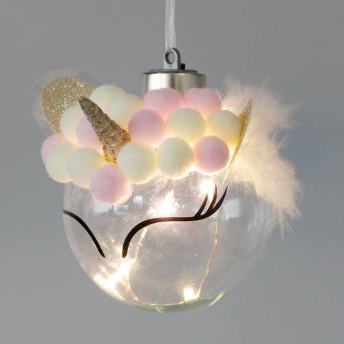 Artikel Christbaumkugel Einhorn mit LED-Lichterkette Bonbonfarben, Transparent Glas, Pompom Ø8cm Für Batterien