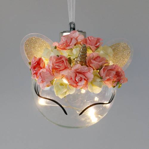 Floristik24 Christbaumkugel Einhorn mit LED-Lichterkette und Blüten Gelb, Rot, Transparent Glas, Papierrosen Ø8cm Für Batterien