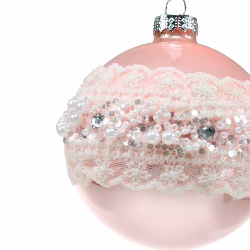 Floristik24 Glaskugel Rosa mit Spitze und Perlen 3St
