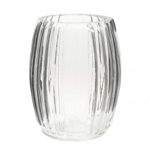Glasvase mit Rillen, Windlicht Glas Klar H15cm Ø11,5cm